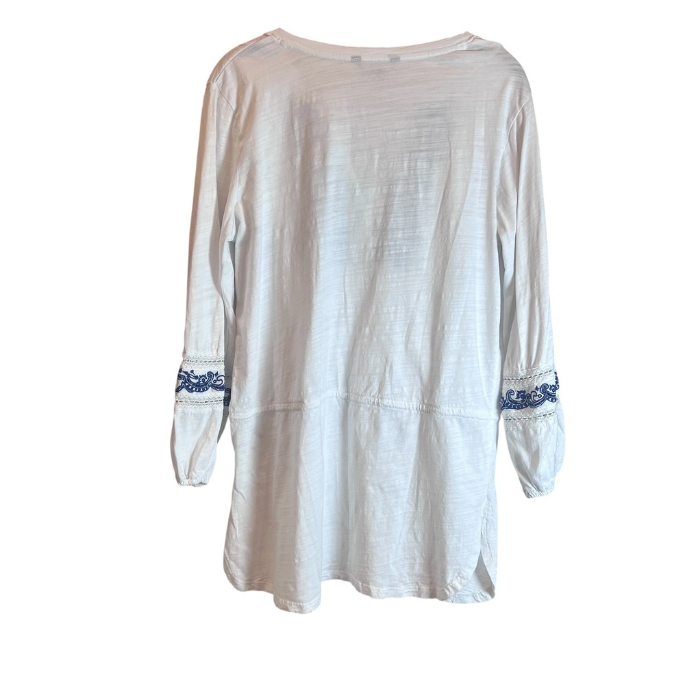 Lauren Ralph Lauren White Blue Embroidered Slub Cotton Tunic Top Drawstring Boho - Picture 2 of 6